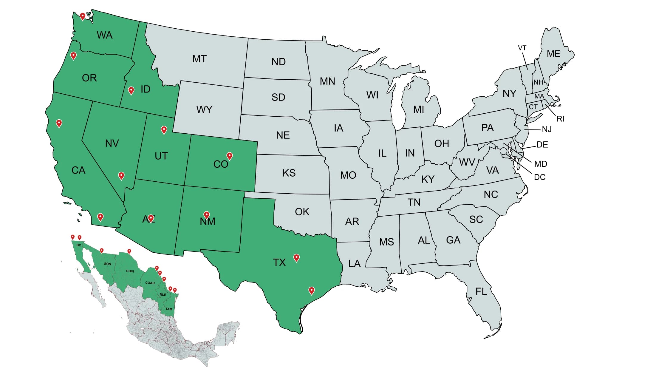Map of the United States and Mexico showing Flexible Assembly Systems service coverage